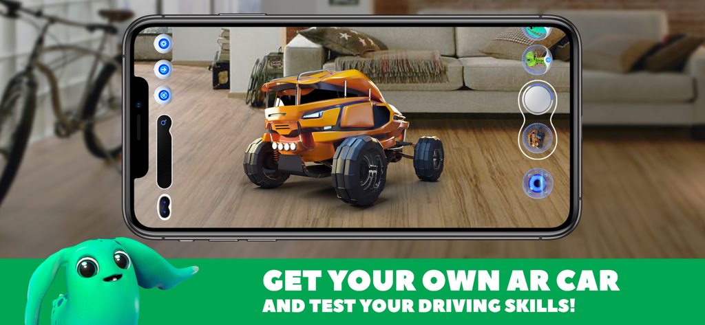 An orange augmented reality car displayed on a living room floor through a mobile device