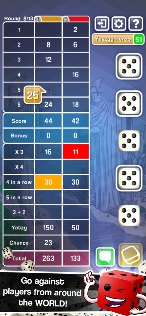 Yatzy Ultimate - Scoreboard and dice display for a multiplayer game of Yatzy Ultimate showing five of a kind.
