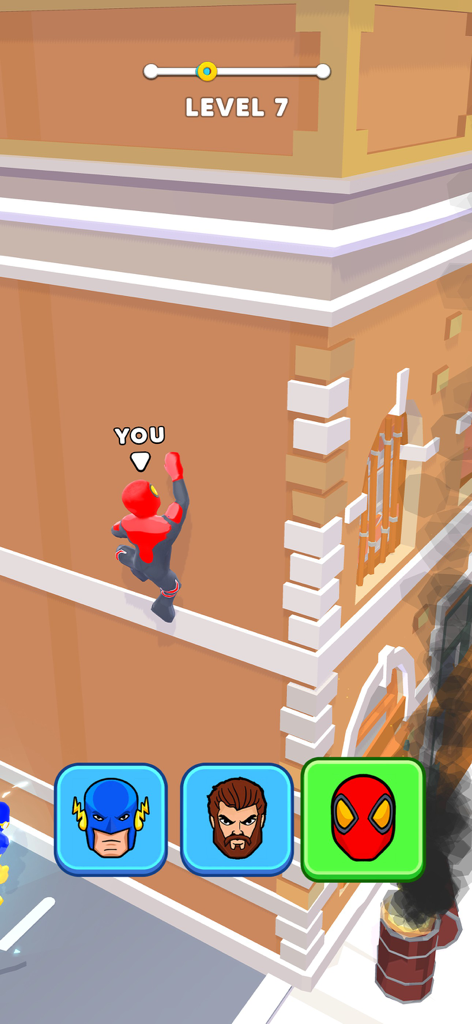 Hero Transform: Superhero Game - A superhero character in a red and black suit climbing a building wall in a mobile game level.