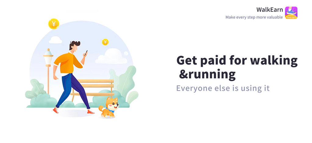 Walk Earn: Make Money - Promotional banner for Walk Earn app showing an illustration of a man walking his dog while earning money through his phone