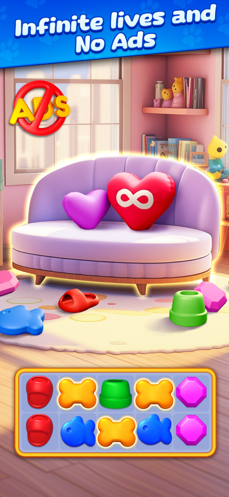 Sweetie Legends - Sweetie Legends match-3 puzzle game screen highlighting infinite lives and no ads features in a cozy room setting