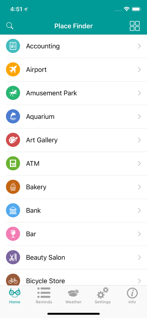 Around Me Place Finder - Around Me Place Finderアプリのメインメニュー。空港、ATM、ベーカリーなどの検索可能なカテゴリのリストを表示しています。