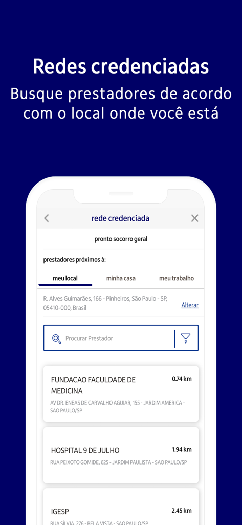Itaú Saúde - Tela do aplicativo Itau Saude para encontrar prestadores de serviços médicos e hospitais credenciados próximos