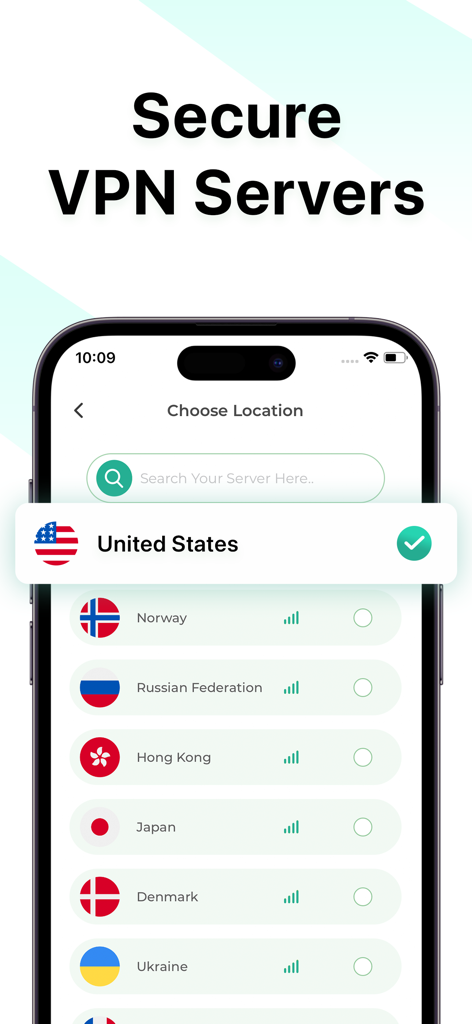 App VPN - Super Fast Unlimited - 안전한 VPN 서버라는 헤드라인 아래 전 세계 VPN 서버 위치 목록을 표시하는 iPhone 화면