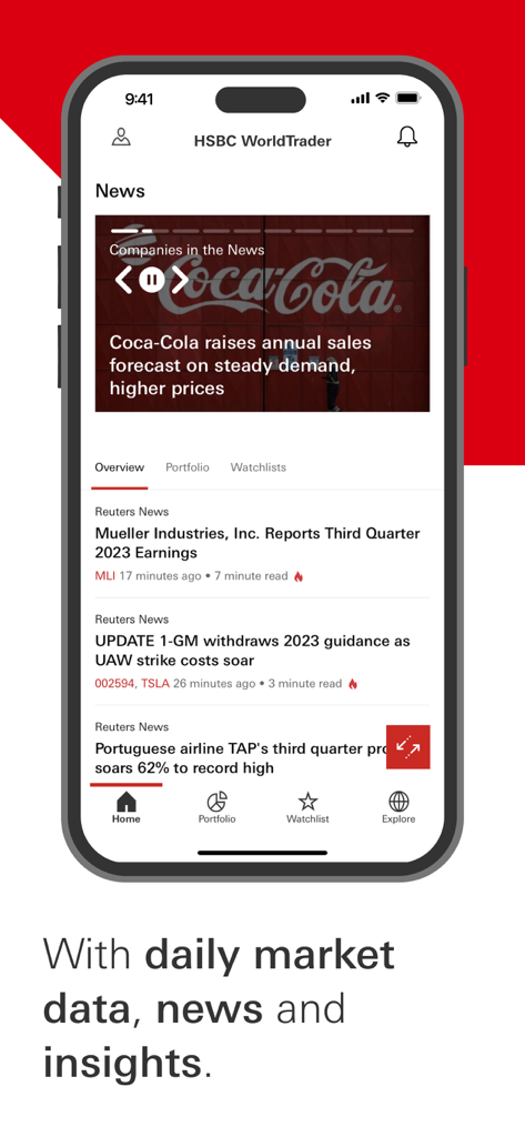 HSBC WorldTrader - HSBC WorldTrader mobile app screen displaying daily market news and financial insights