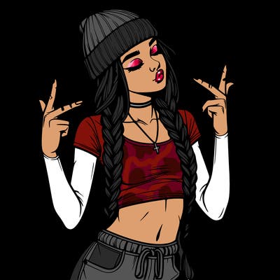 realistic teenage girl with braids and a beanie and crop top doing 🫶🏼