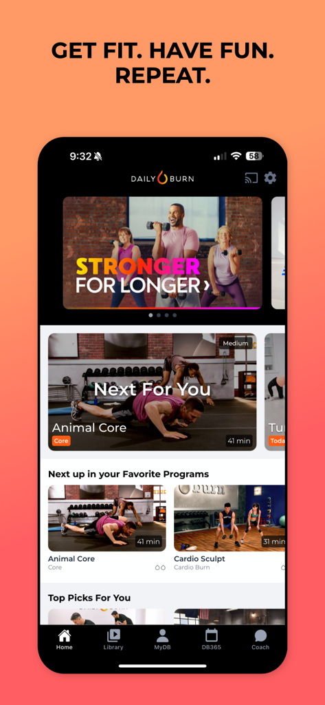 Daily Burn: At Home Workouts - Interface de l'application Daily Burn montrant l'écran d'accueil avec des entraînements recommandés comme animal core et cardio sculpt