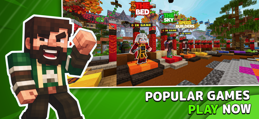 Main menu of Block Legends displaying popular game modes like Bed Wars and Sky mode