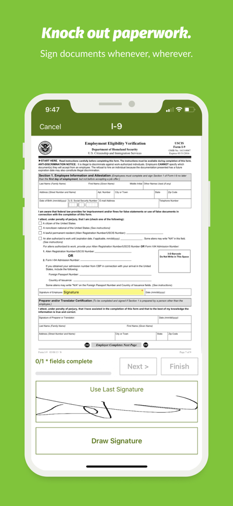 Interface do aplicativo móvel BambooHR mostrando assinatura eletrônica para um formulário de emprego I-9