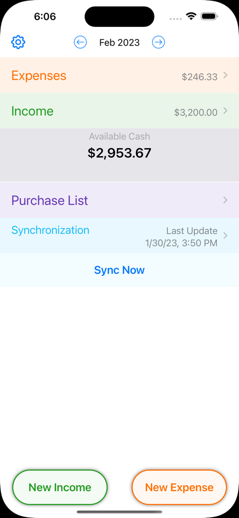 Dashboard of the Simple Family Accounting app showing monthly income expenses and available cash
