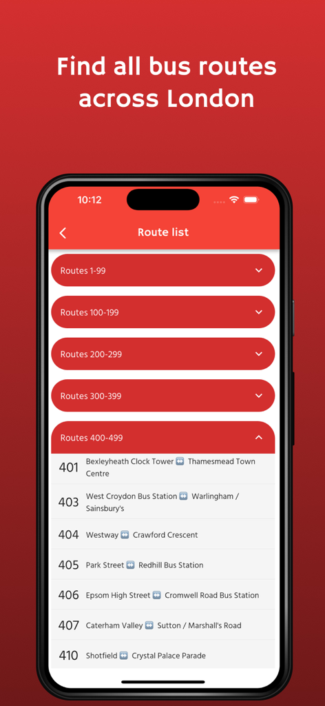 London Bus Pal - Un'interfaccia mobile che mostra un elenco di percorsi di autobus di Londra categorizzati per intervalli di numeri con dettagli specifici del percorso per gli autobus dal 401 al 410.