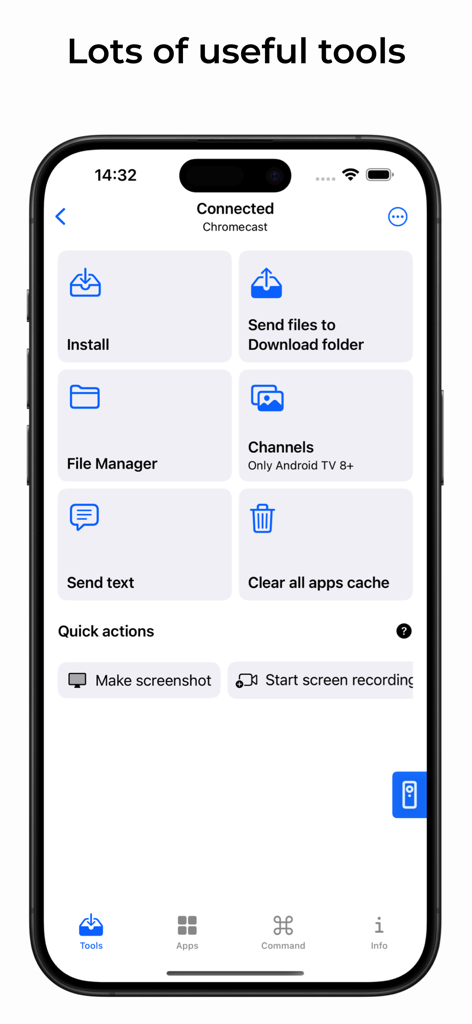 atvTools iOS interface showing management tools for Android TV including file manager and app installer