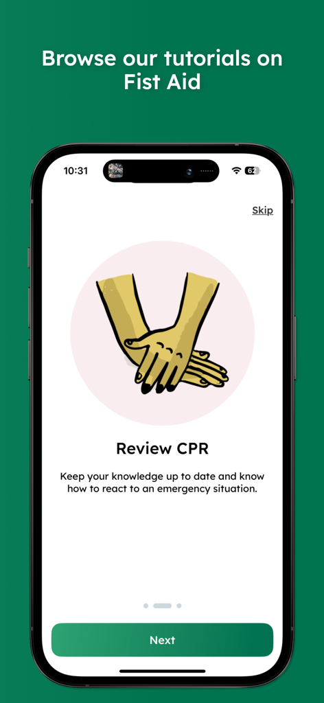 Staying Alive - Mobile app screen for reviewing CPR techniques with an illustration of chest compressions