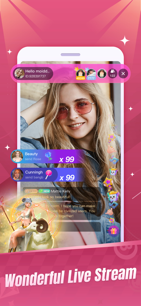 Party Star -Live, Chat & Games - A live streaming interface on the Party Star app showing a female streamer with real-time chat and virtual gift animations