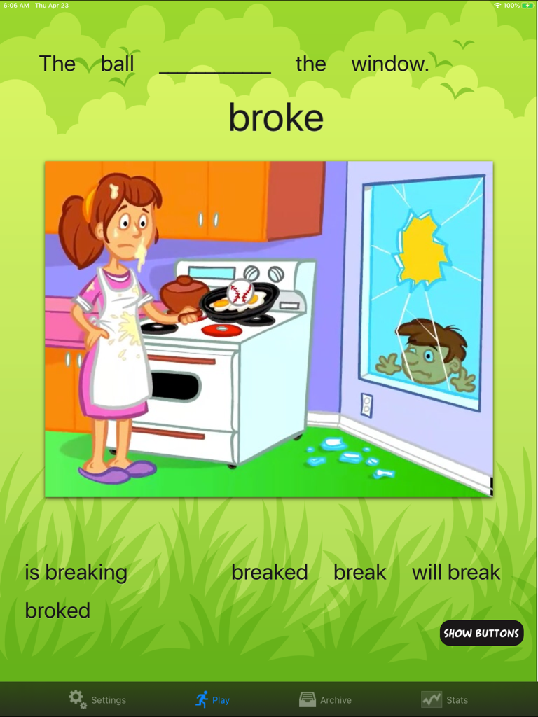 TenseBuilder - TenseBuilder app interface showing a grammar lesson on the irregular past tense verb broke with a cartoon illustration