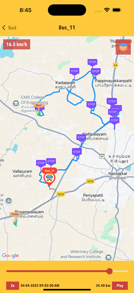 Navic By Nirals - GPS tracking interface showing a school bus route history with markers for stops on a map