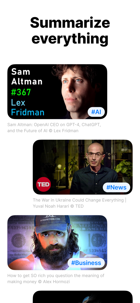 App interface showing Eightify's ability to summarize different video categories like AI, News, and Business.