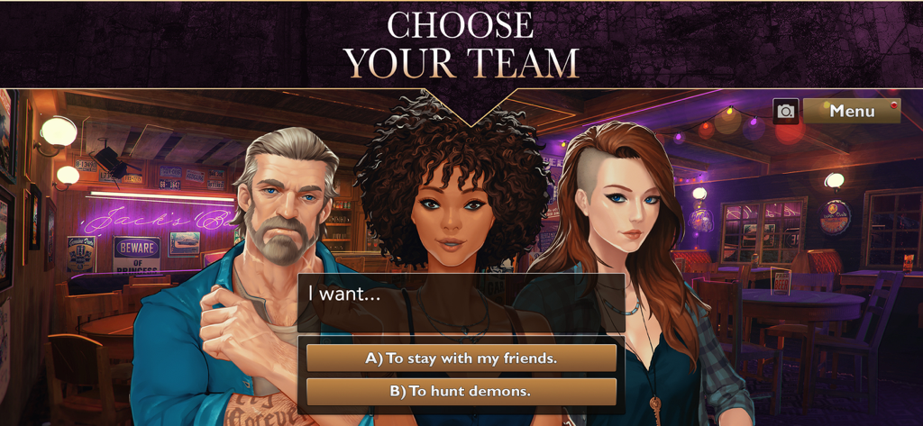 Is It Love? FallenRoad의 게임 플레이 스크린샷으로, 친구들과 함께 있거나 악마를 사냥하는 것 사이의 인터랙티브 스토리 선택을 보여줍니다.