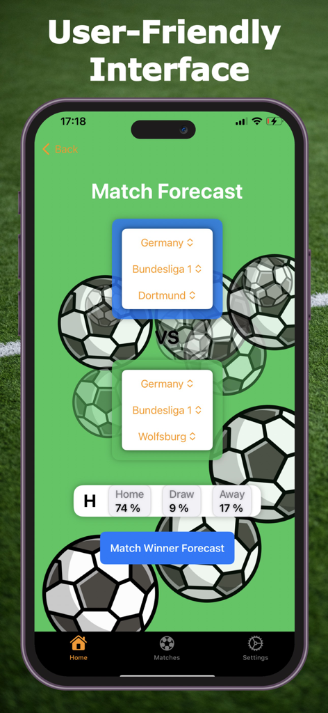 AI Football Betting Forecast - AI Football Betting Forecastアプリのインターフェースに、サッカーの試合の勝利確率が表示されています。