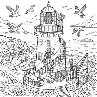 Discover the life of dedicated lighthouse keepers with this exciting coloring page designed for teens. Dive into a detailed coastal scene featuring a majestic lighthouse, ocean waves, and the hardworking individuals who keep the light shining.