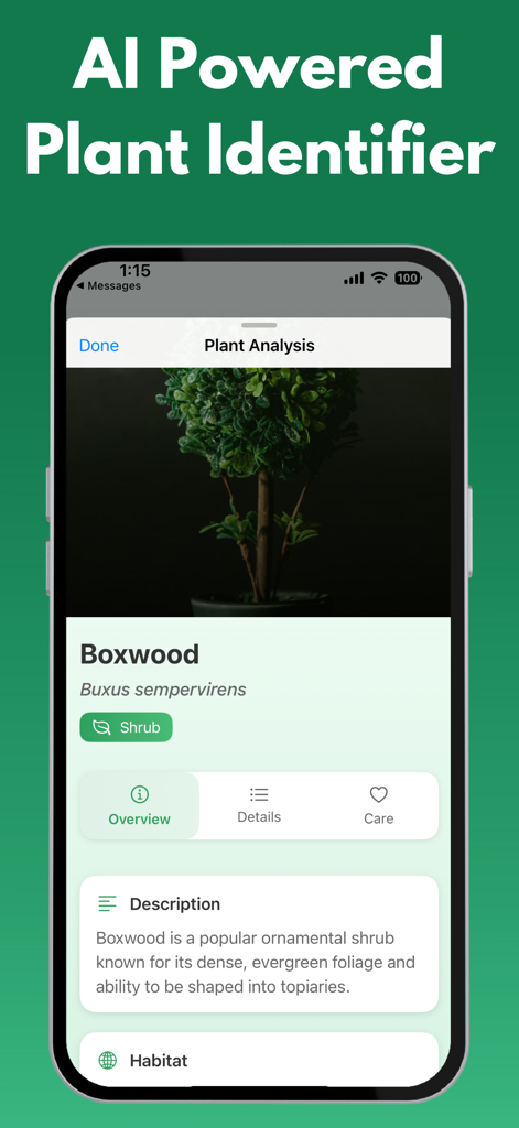 Plant Identifier: PlantRobot - Pantalla de identificación de plantas impulsada por IA en la aplicación PlantRobot que muestra un análisis detallado para una planta de Boj.
