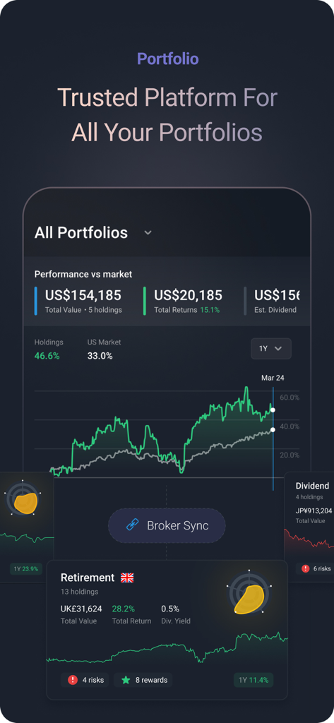 Simply Wall St mobile app dashboard showing portfolio performance analysis and broker synchronization