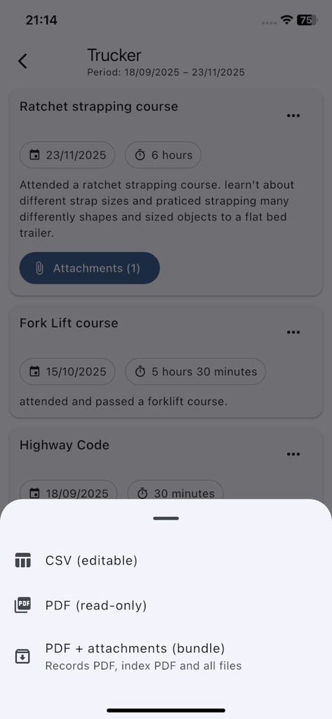 CPD Progress Tracker - CPD Progress Tracker app interface showing a professional training log and an export menu with CSV and PDF report options.