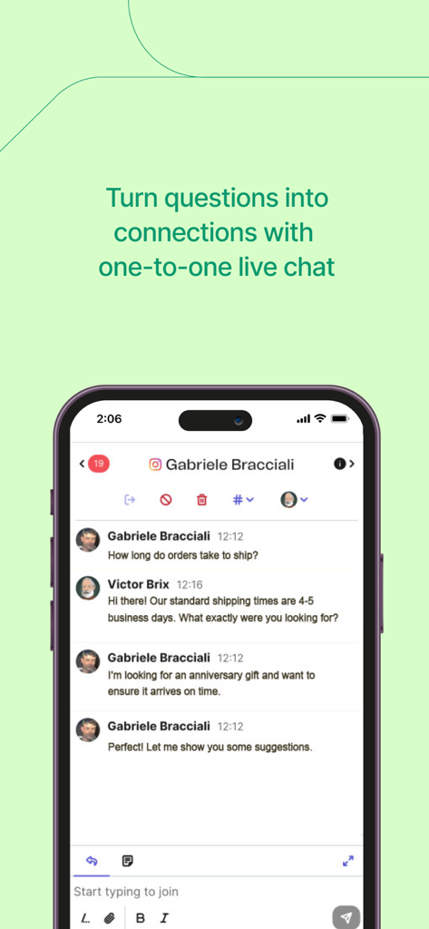 Conversations by Brevo mobile app showing a live chat interface with a customer