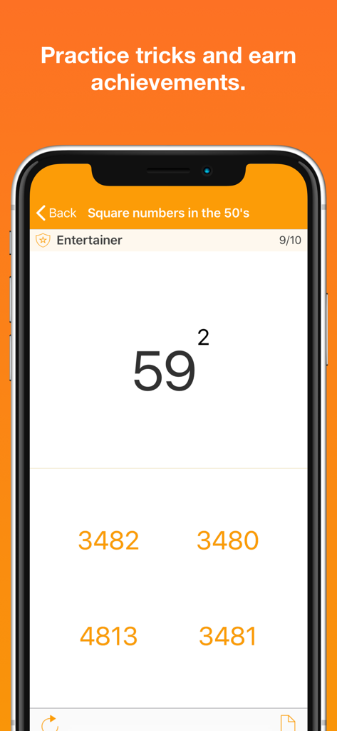 Mathemagics: Mental Math - A mental math practice screen showing a square number problem with multiple choice answers and a progress tracker for achievements.
