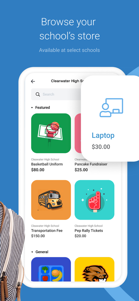 MSB Parent, USA - School store interface in the MySchoolBucks app showing school fees and uniforms.