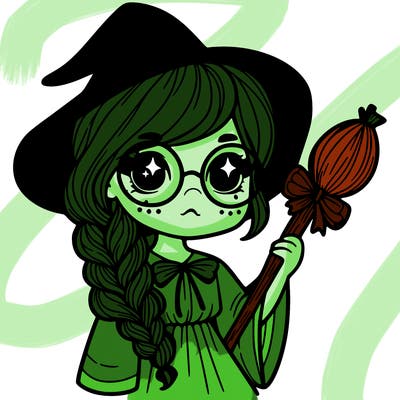 a witch with a braid and two glasses