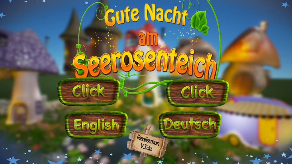 Main menu screen of Nighty Night Kids Pro showing language selection and fairy tale mushroom houses