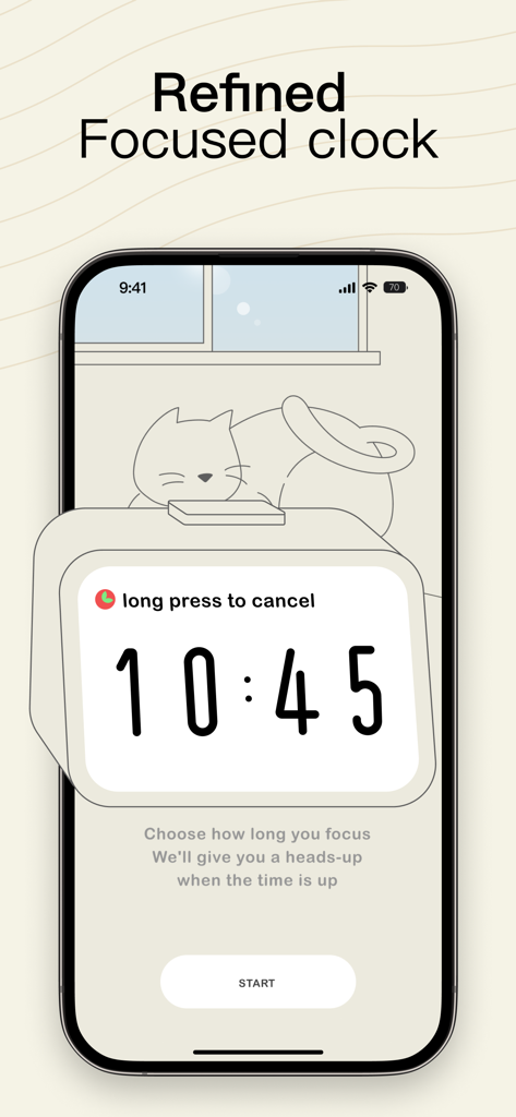 Minimalist Pomodoro focus clock with a sleeping cat illustration.