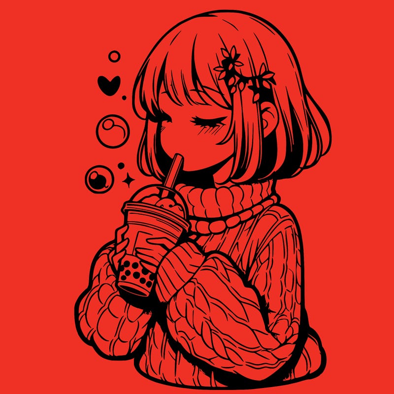 manga girl drinking boba in cozy sweater