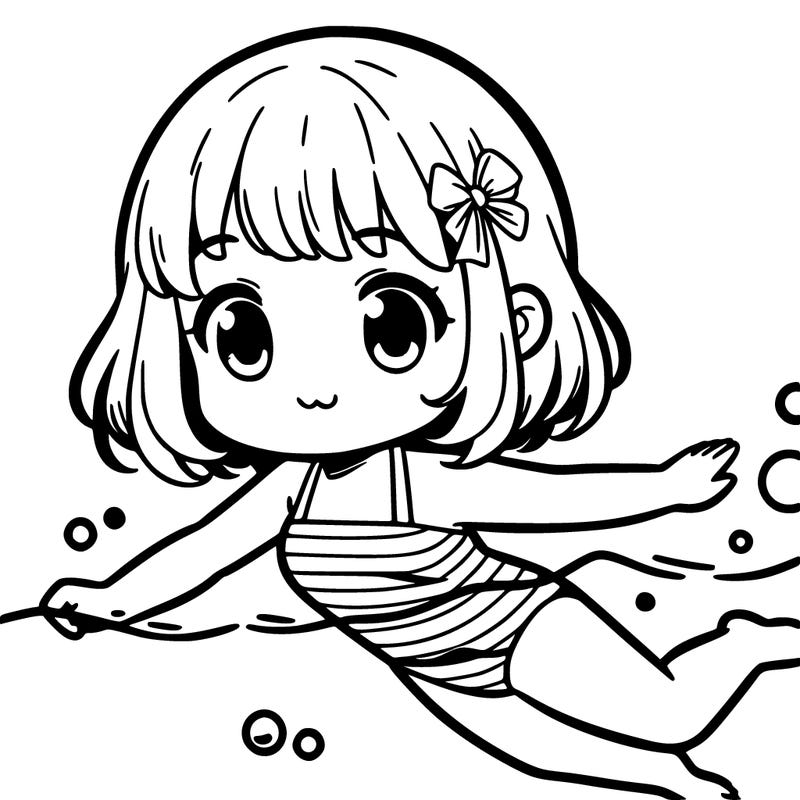 manga little girl swimming in simplistic bathing suit