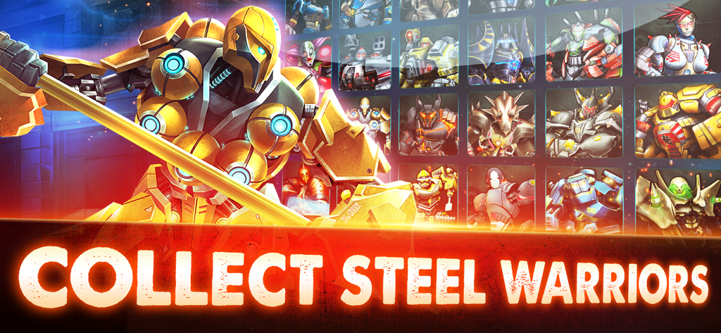 Ultimate Robot Fighting - Un robot guerrier doré devant une liste de personnages avec le texte « Collectionnez les Guerriers d'Acier ».
