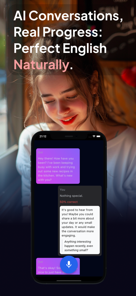 Fluent - Your AI English Talks - A young professional practicing conversational English with an AI tutor on the Fluent app