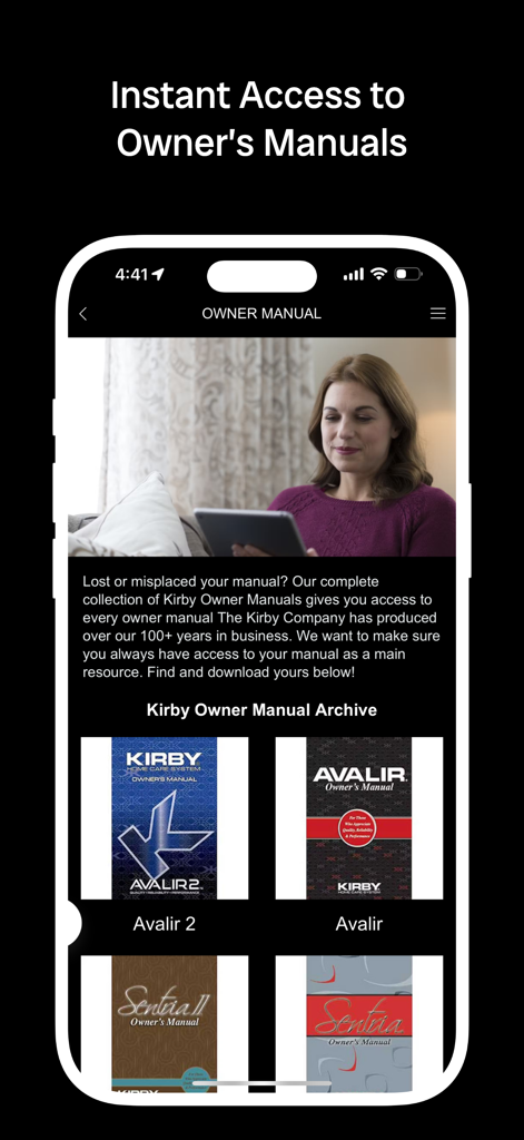 A smartphone screen from the Kirby Vacuum App showing the digital archive of owner manuals for models including Avalir and Sentria.