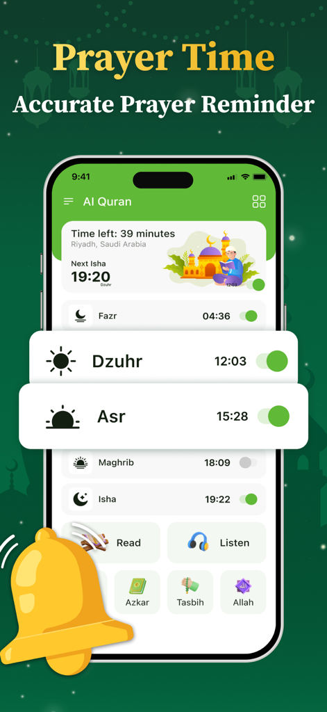 Holy Quran app interface showing accurate prayer time reminders and daily salah schedule