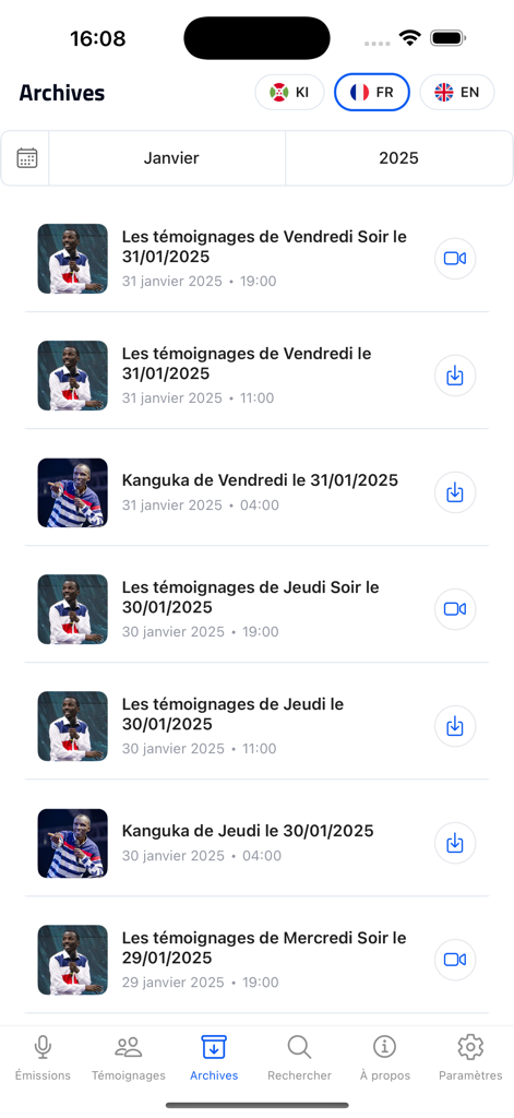 Kanguka - Archives screen of the Kanguka app showing a list of spiritual broadcasts and testimonies