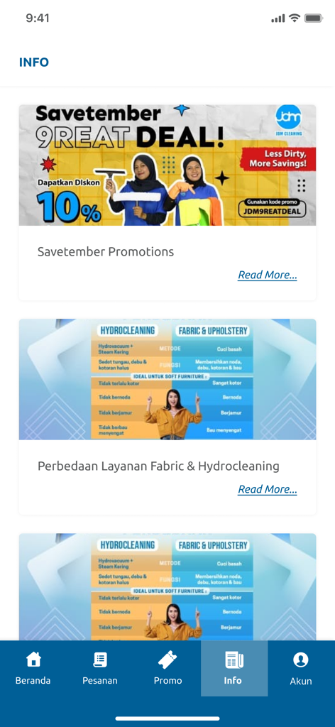 JDM Cleaning - JDM Cleaning app information page displaying current promotions and cleaning service comparisons