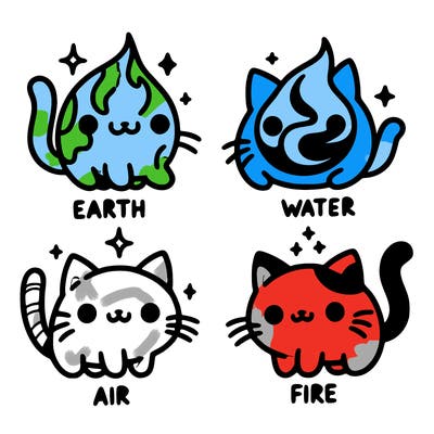 4 cats that represent the different elements, earth, water, air, and fire
