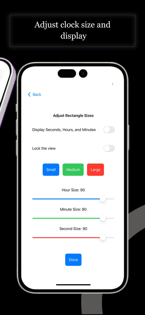 Tela de configurações no aplicativo Fliqlo para ajustar o tamanho do relógio flip e as opções de exibição.