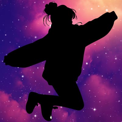 realistic girl jumping with a bun and oversized sweatshirt