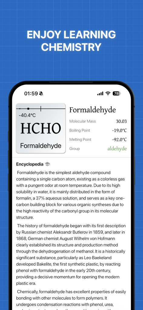 Alcyone - A screenshot of the Alcyone app showing an encyclopedia page for Formaldehyde with chemical properties and historical facts
