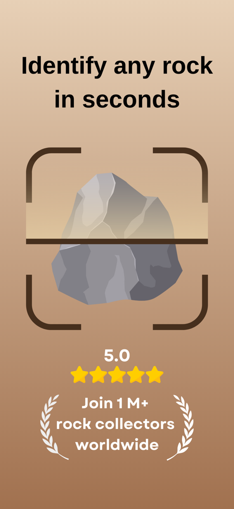 Rock Identifier: Stone ID ! - Mobile app screen showing a rock being scanned with the text Identify any rock in seconds and a five star rating