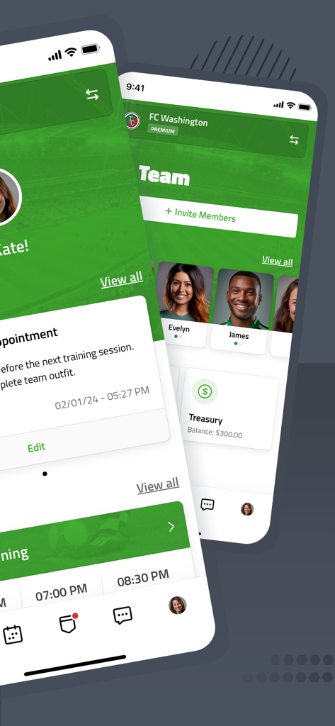 Dashboard der TeamPlus-Mobil-App, das Sportmannschaftsmitglieder und den Kassenbestand anzeigt.