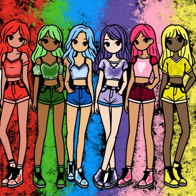 a group of girls wearing crop tops and shorts