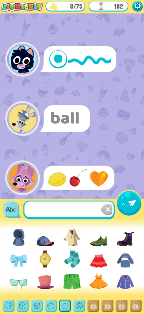 Alphachat by Helen Doron - Educational chat simulator interface with emoji keyboard and cartoon characters in Alphachat by Helen Doron