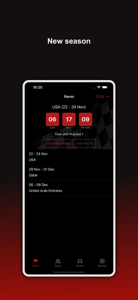 Formula Calendar 2026 - Interface of the Formula Calendar 2026 app displaying a countdown timer to the next race and a list of upcoming Grand Prix events
